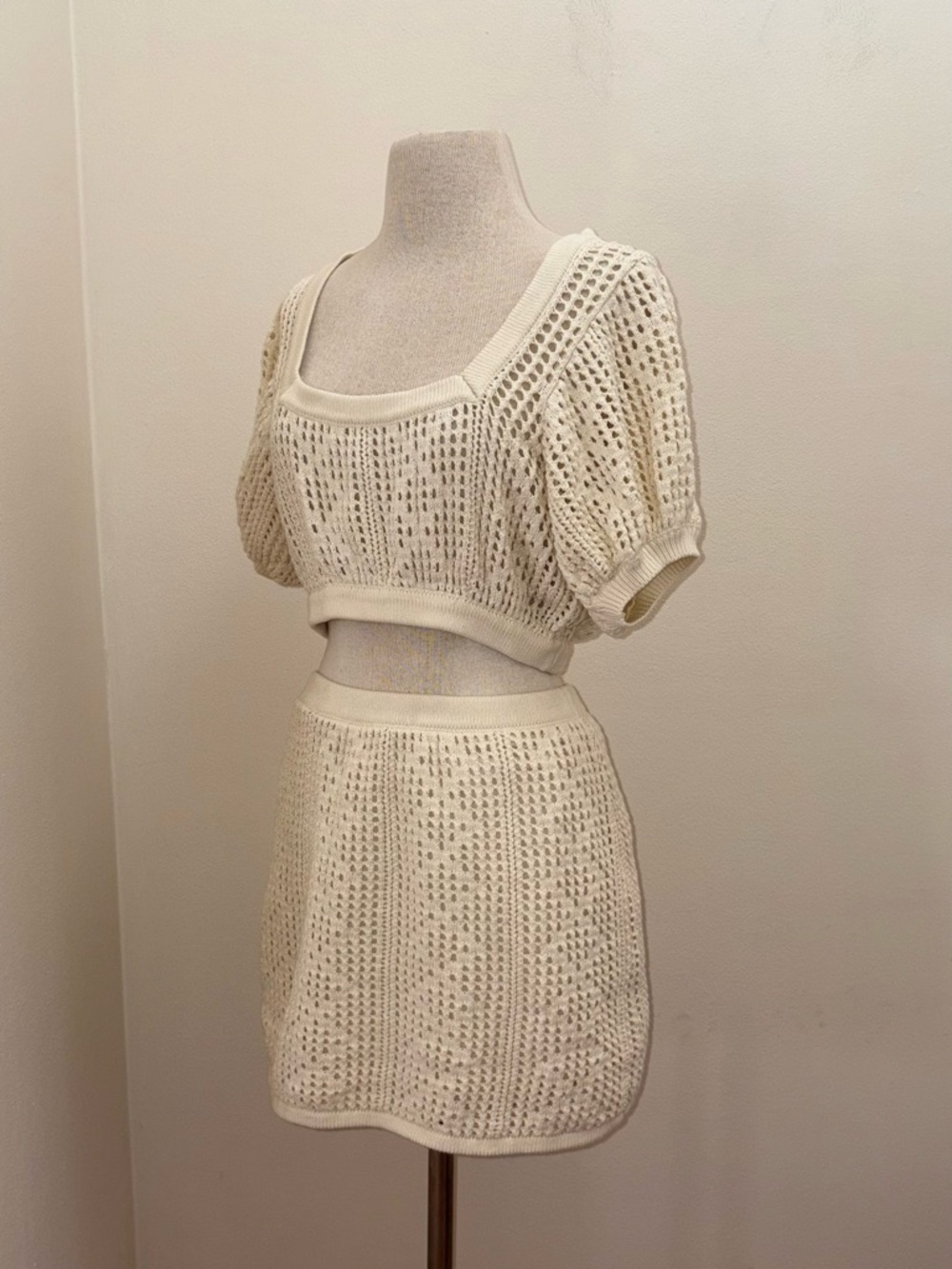 Sabo Lux Cotton Kimmi Beige Crochet Crop Top & Skirt Set Large Festival Bohemian - Picture 3 of 13